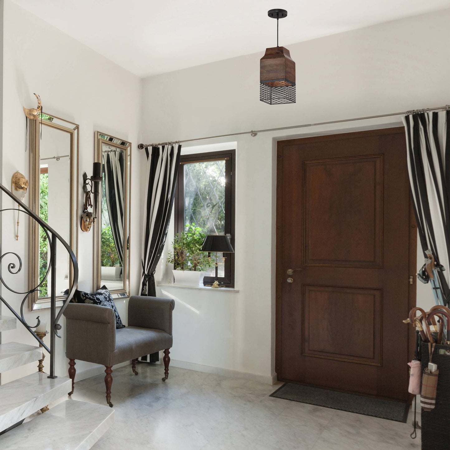 Black Metal Cage and Brown Wood Pendant Light