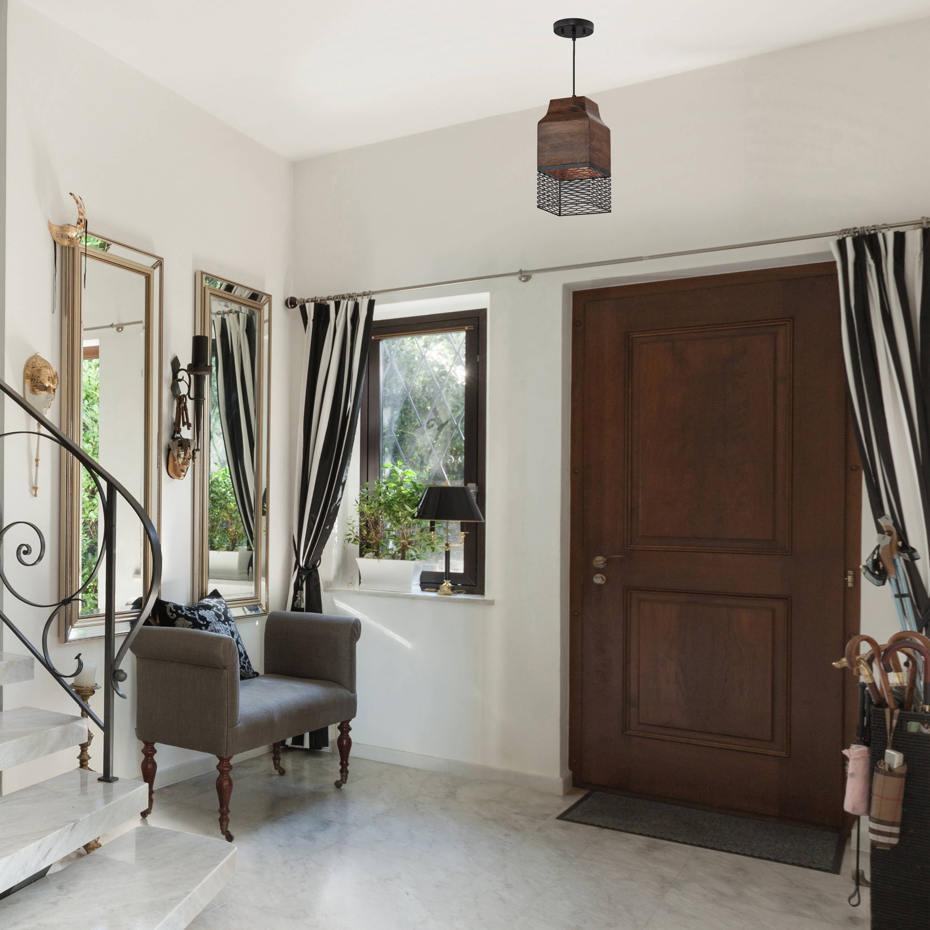 Black Metal Cage and Brown Wood Pendant Light