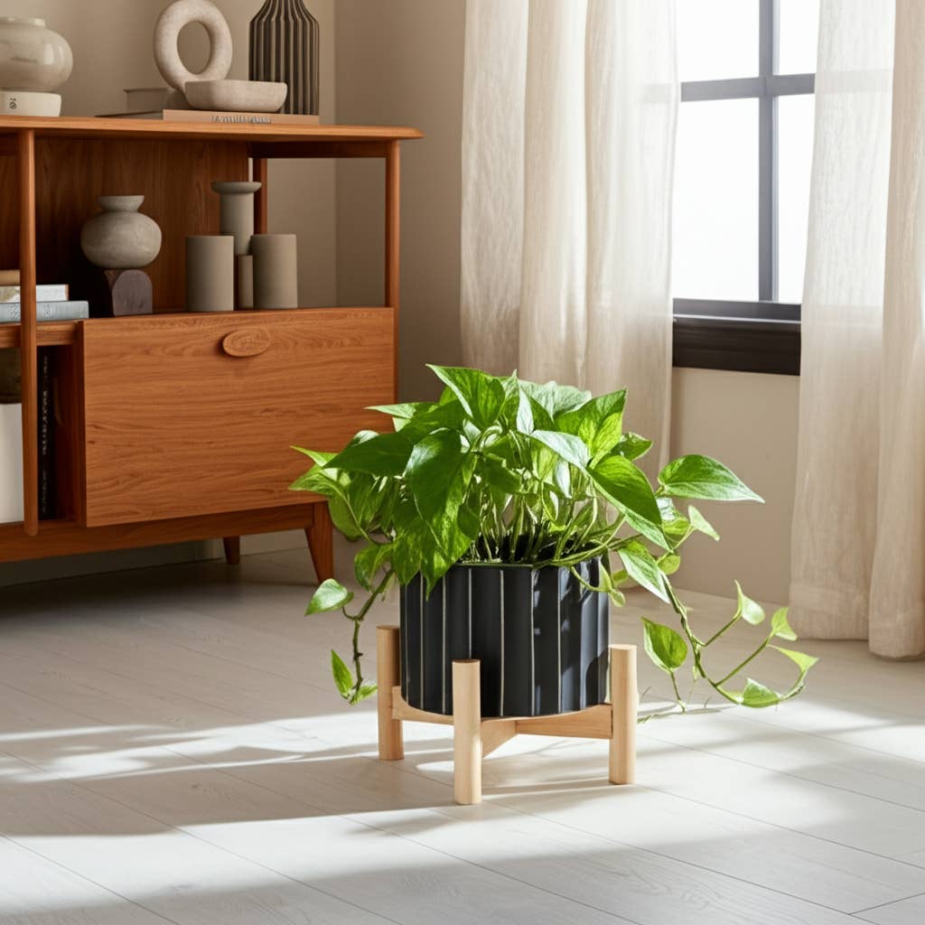 Sagebrook Home - Ceramic Striped Planter Pot with Wood Stand