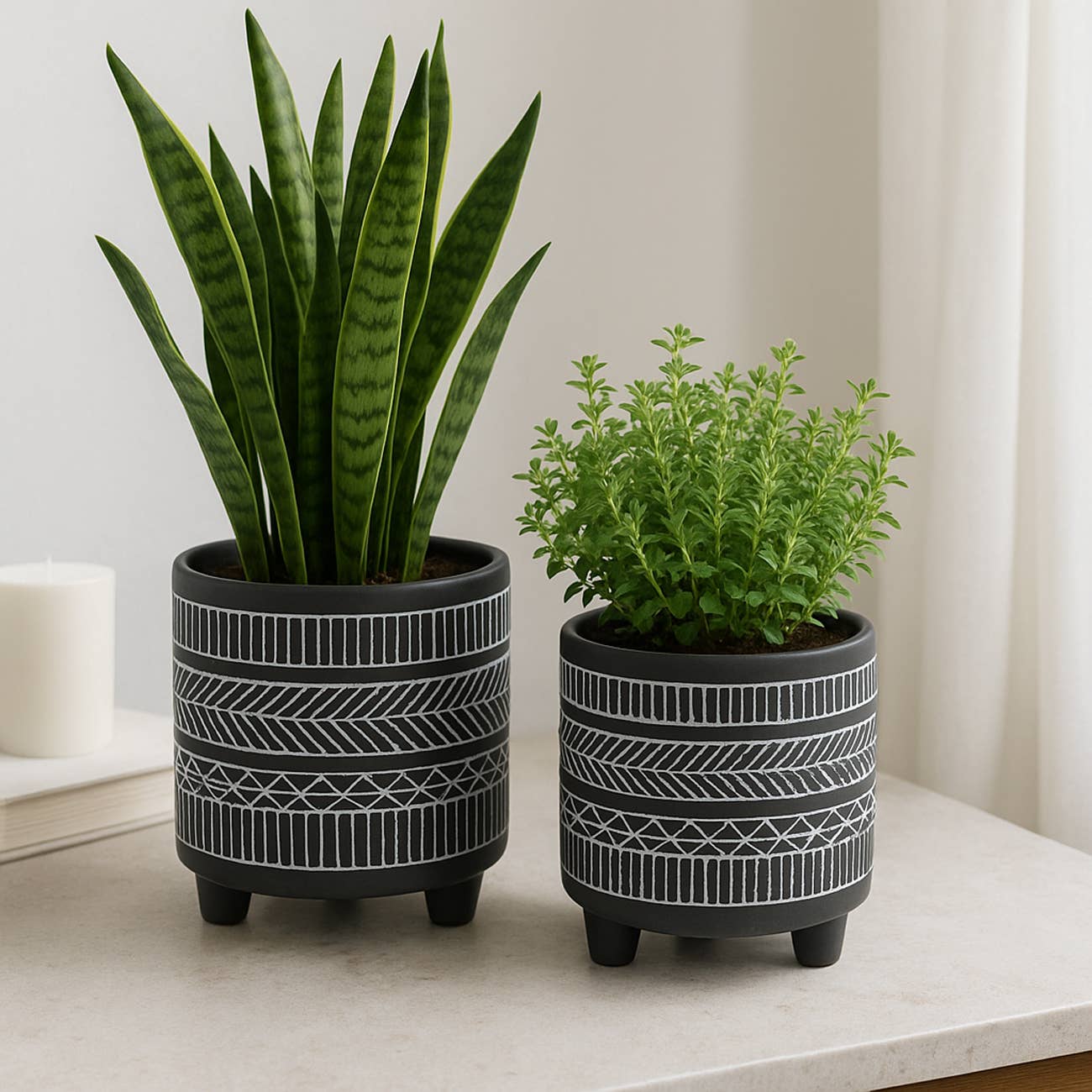 Sagebrook Home - Black Ceramic Tribal Footed Planter Pots