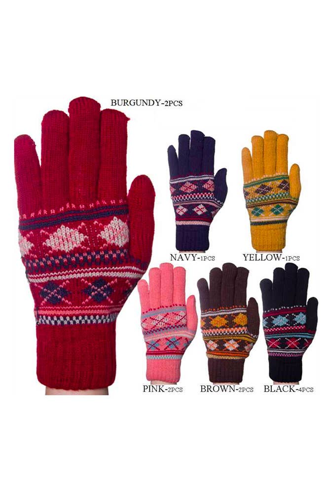 Hana - Assorted Geometric Pattern Fur Lining Knitted Gloves