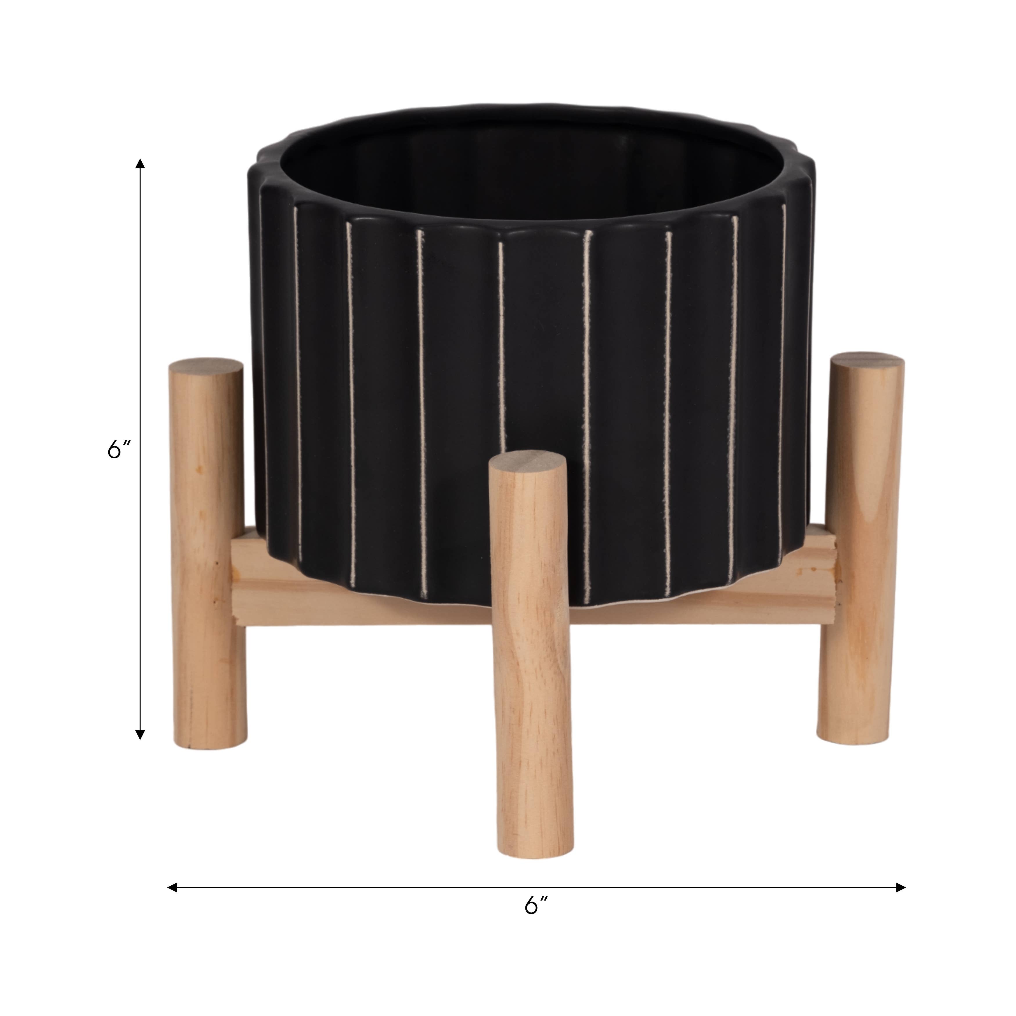 Sagebrook Home - Ceramic Striped Planter Pot with Wood Stand