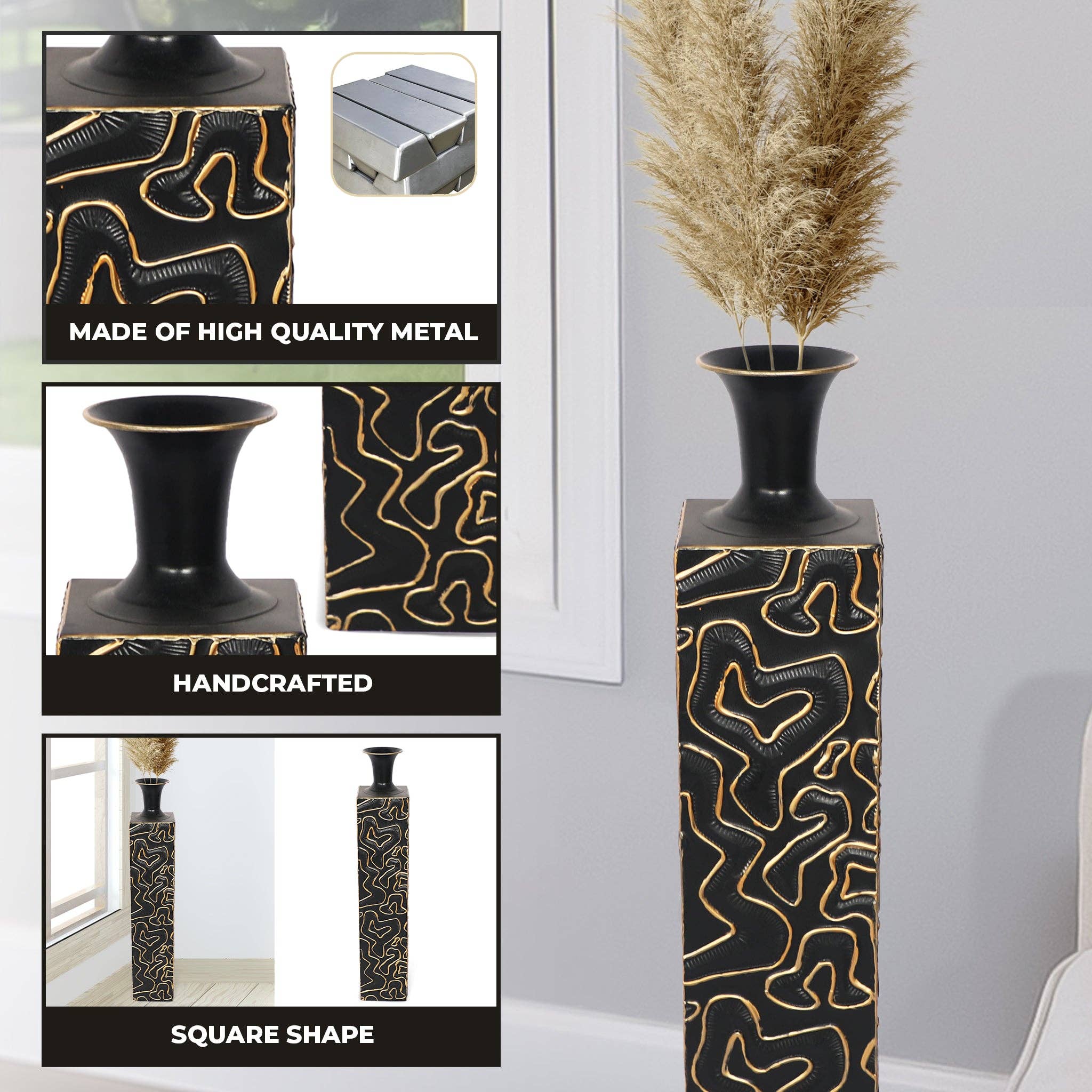 32" Handmade Black Gold Accent Decorative Floor Vase