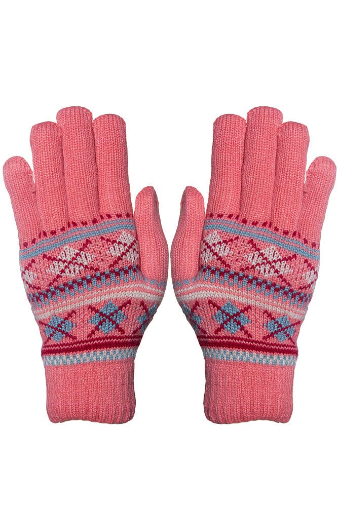 Hana - Assorted Geometric Pattern Fur Lining Knitted Gloves