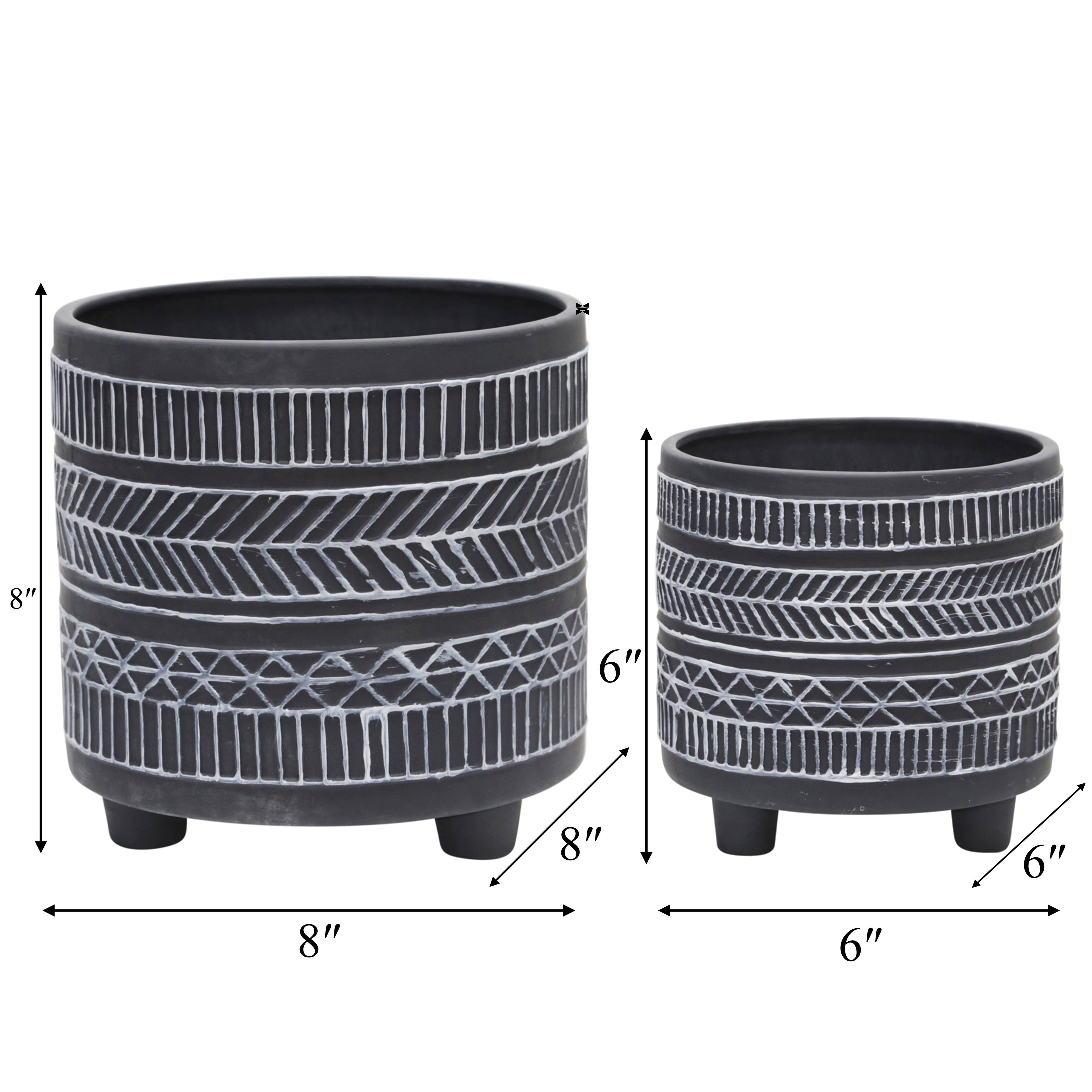 Sagebrook Home - Black Ceramic Tribal Footed Planter Pots