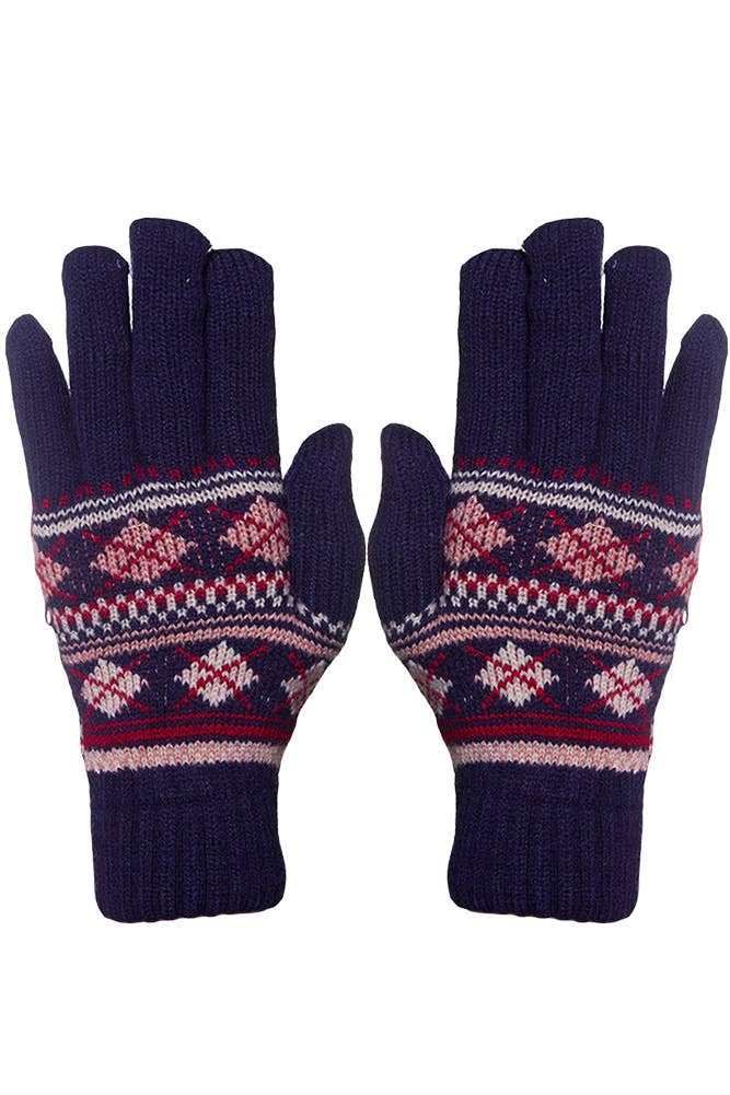 Hana - Assorted Geometric Pattern Fur Lining Knitted Gloves