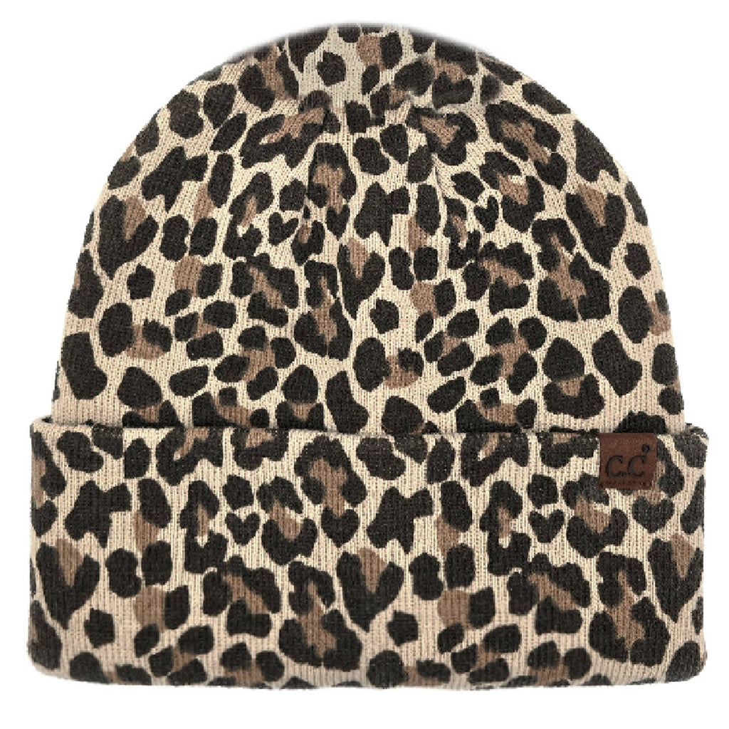 Hana - C.C Leopard Pattern Print Cuff Beanie Winter Hat