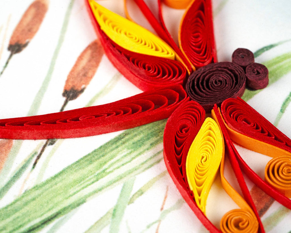 Quilling Greeting Card - Red Dragonfly & Cattails Gift Enclosure Mini Card