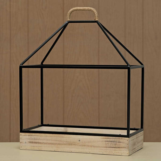 Open Lantern Black Metal , Wood Bottom (2 Sizes)