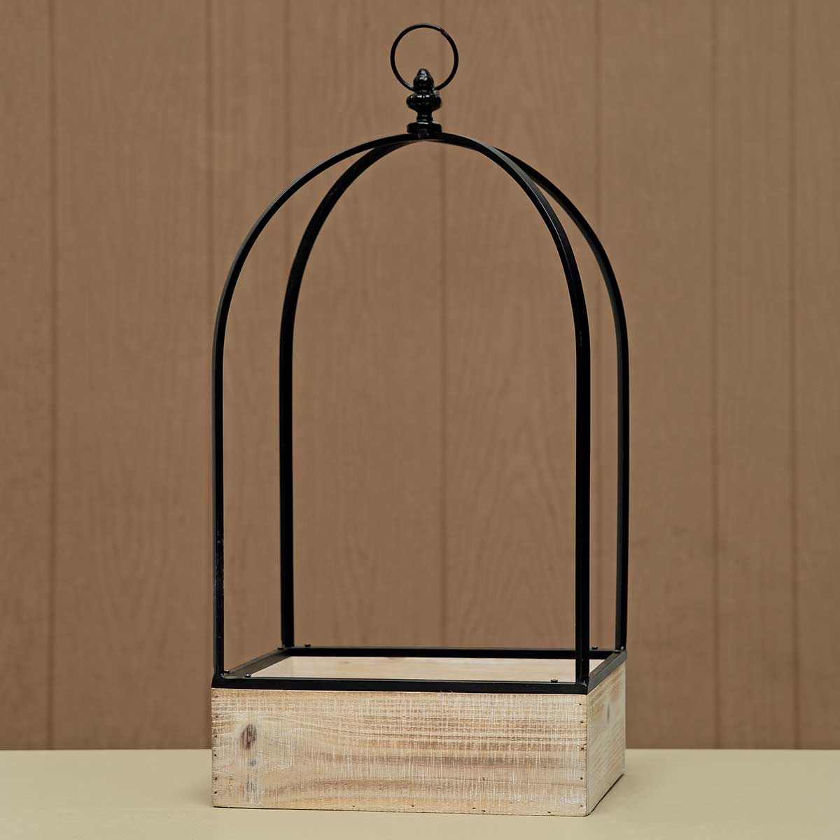 Open Lantern Black Metal, Wood Bottom (2 Sizes)