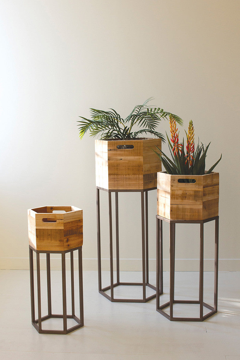 Hexagon Recycled Wood Planters on Metal Base, (Small, Medium & Large)