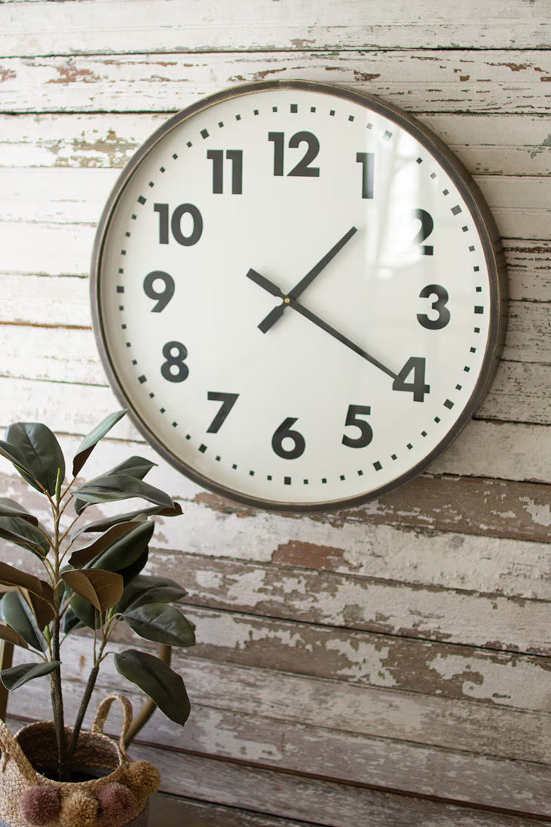 Round Black and White Wall Clock with Antique Brass Frame