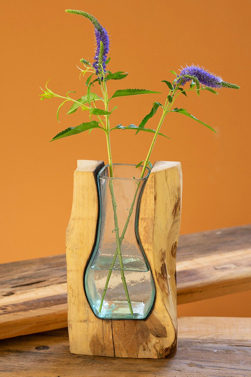 Blown Glass Vase inside of Teak Wood