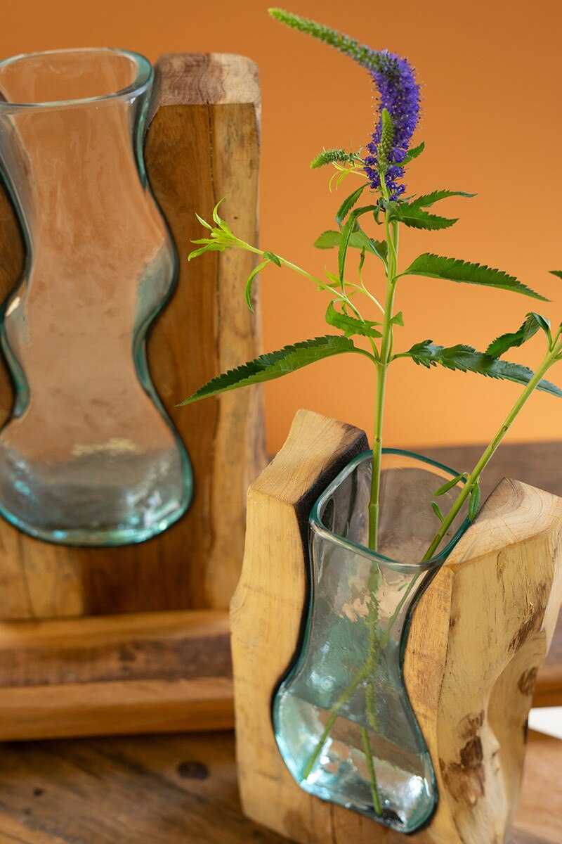 Blown Glass Vase inside of Teak Wood