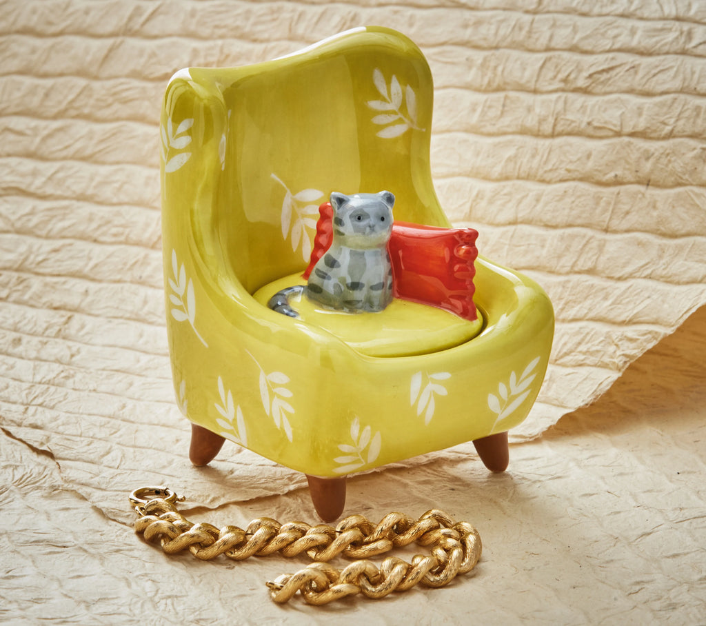 Gray Cat Chair Lidded Trinket Box