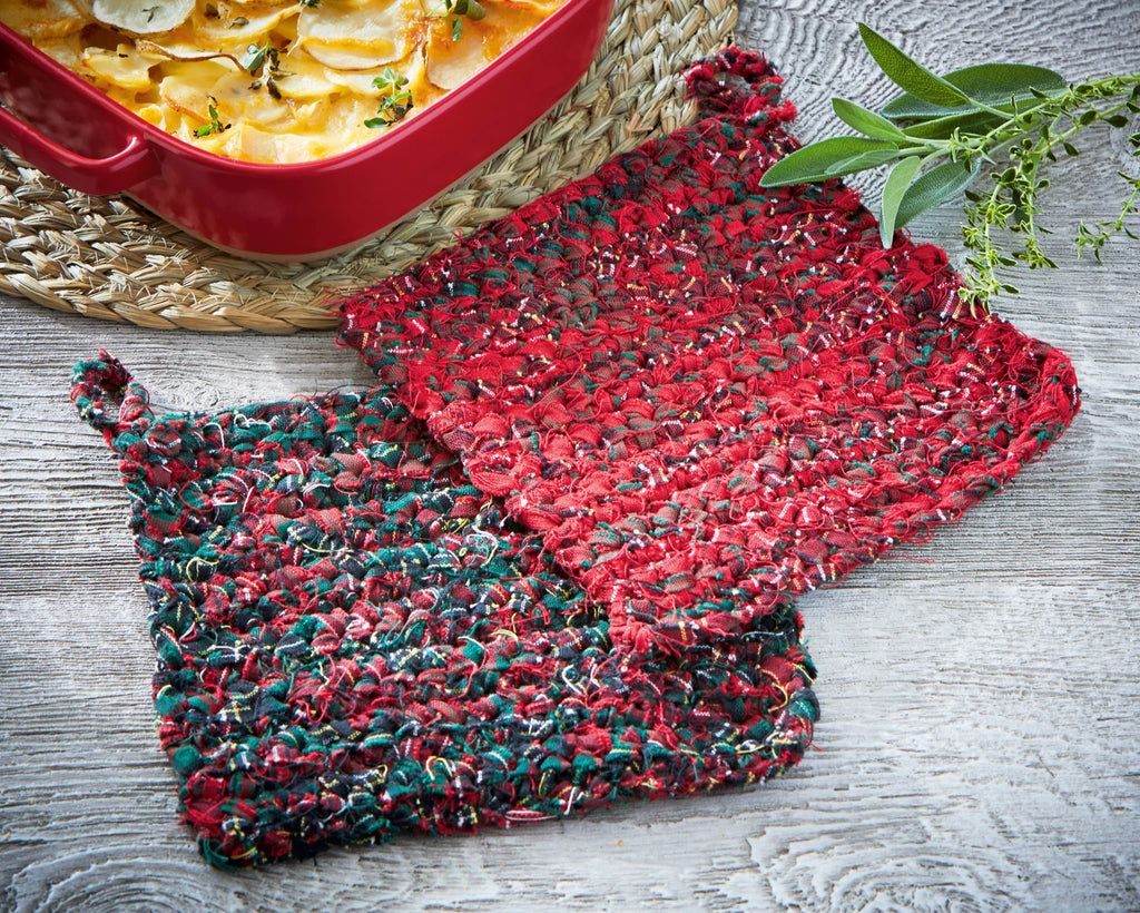 Chindi Crochet Plaid Potholder - Green