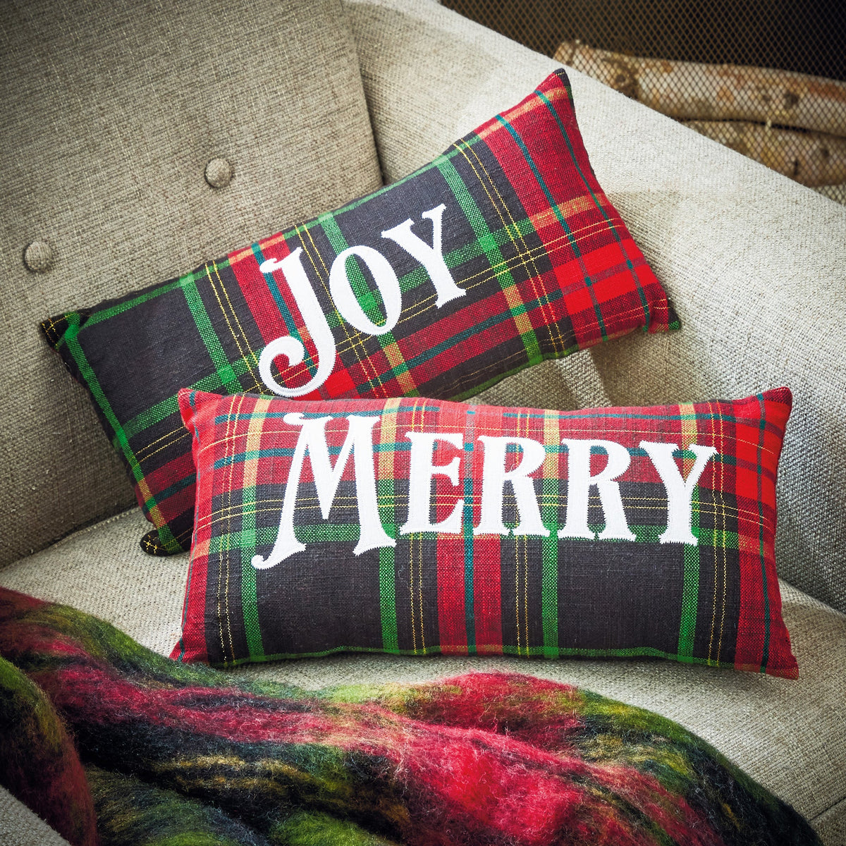 Joy Christmas Plaid Pillow
