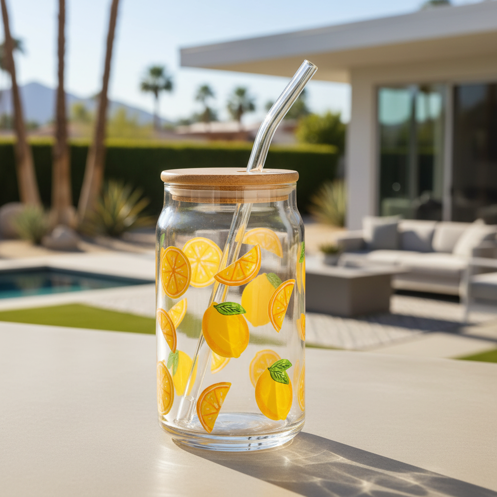 Lemon Lidded Glass Tumbler w/Straw
