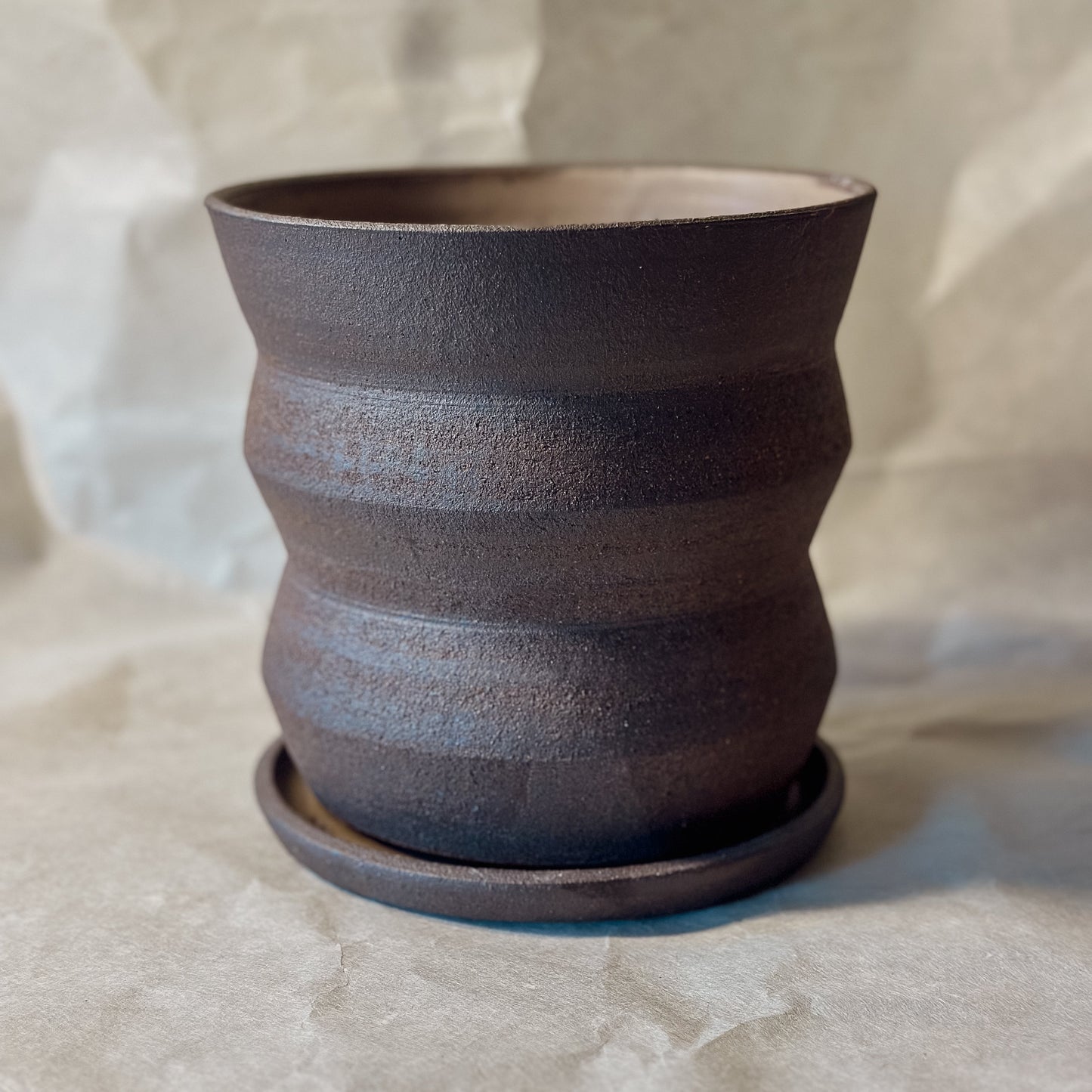 Olivia Snow Ceramics - 6" Angled Dark Brown Planter with Saucer and Drainage