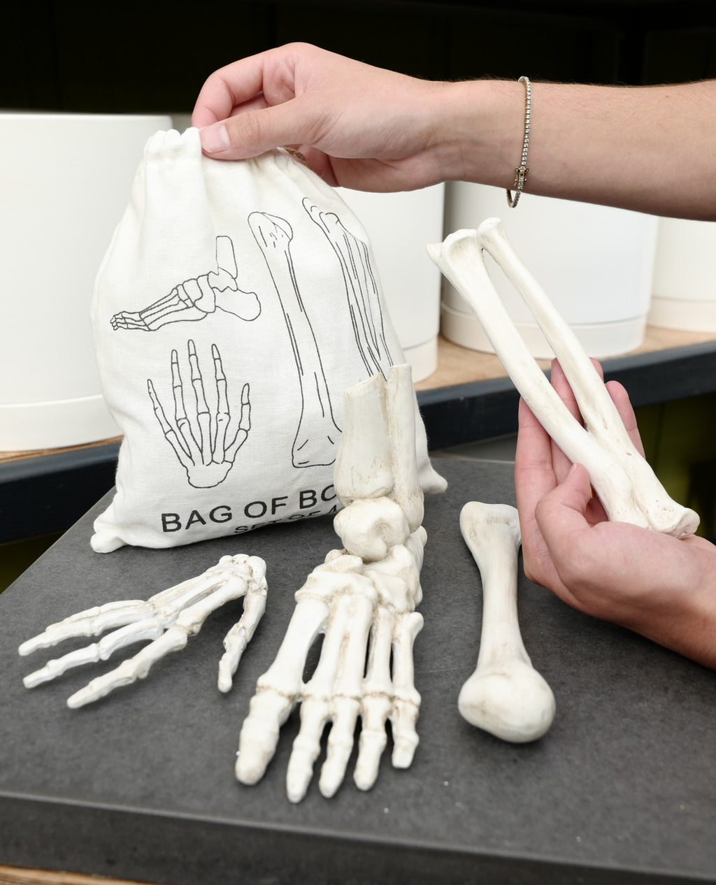 Creative Co-op - Resin Bag of Bones, white Set 4 in Drawstring Bag