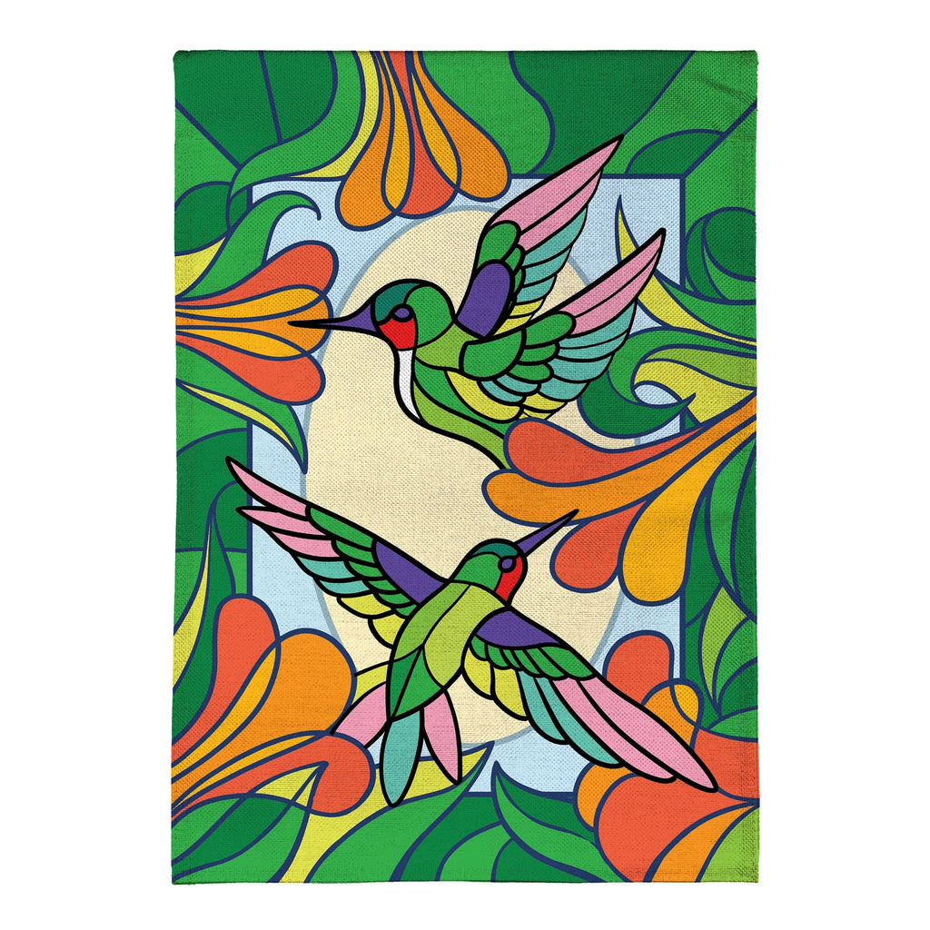 Stain Glass Hummingbirds Burlap, Garden Applique Flag