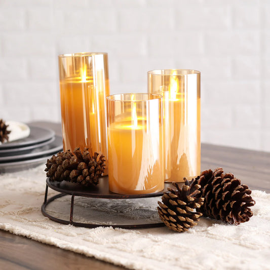 LED Candles in Amber Glass Cylinders