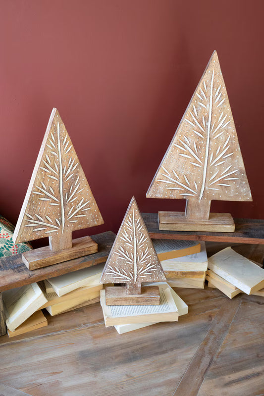 Carved Wooden Christmas Trees On Stand (Sold Separately)