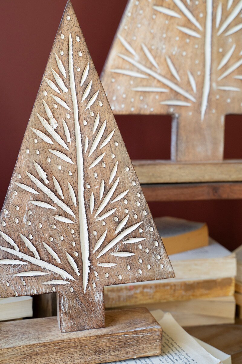 Carved Wooden Christmas Trees On Stand (Sold Separately)