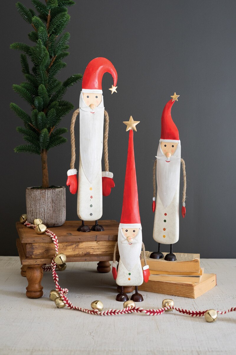 Painted Metal & Wood Santas w/Rope Arms