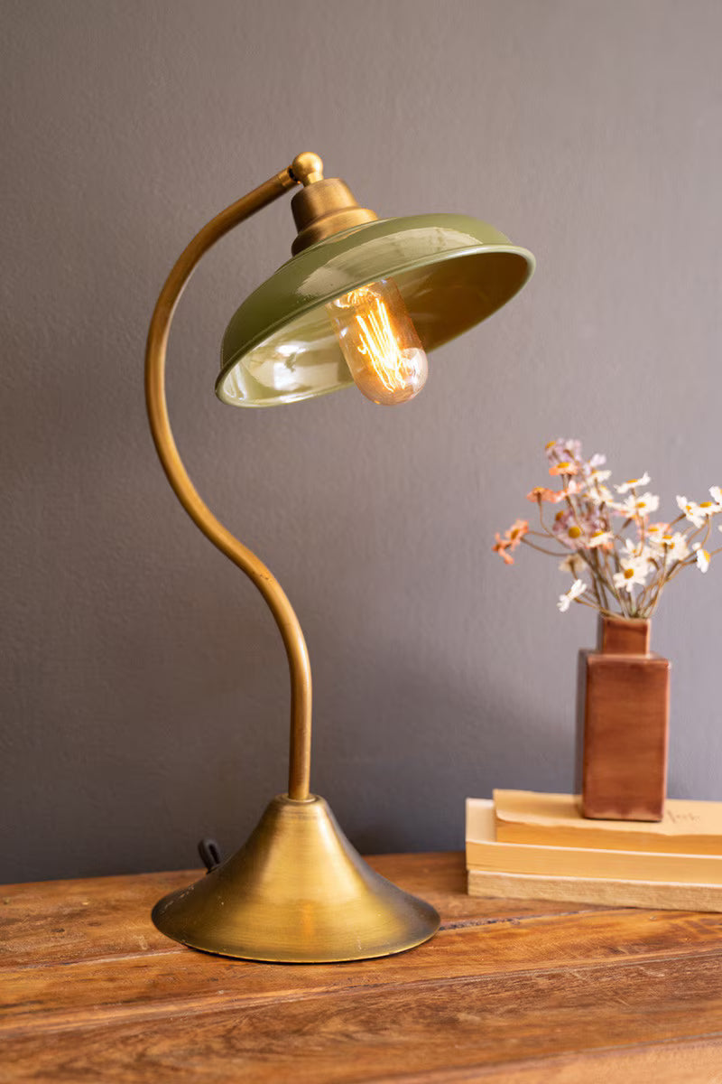 Antique Brass Table Lamp w/ Green Enamel Shade