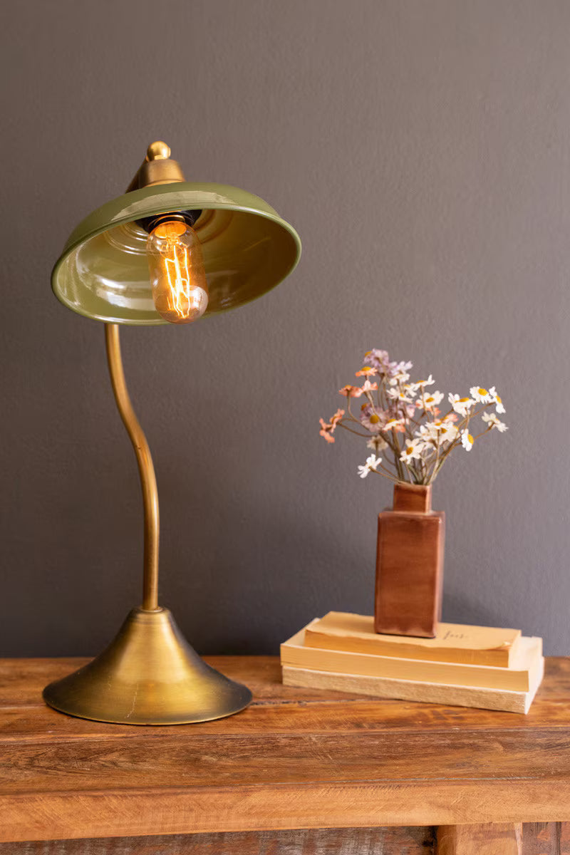Antique Brass Table Lamp w/ Green Enamel Shade