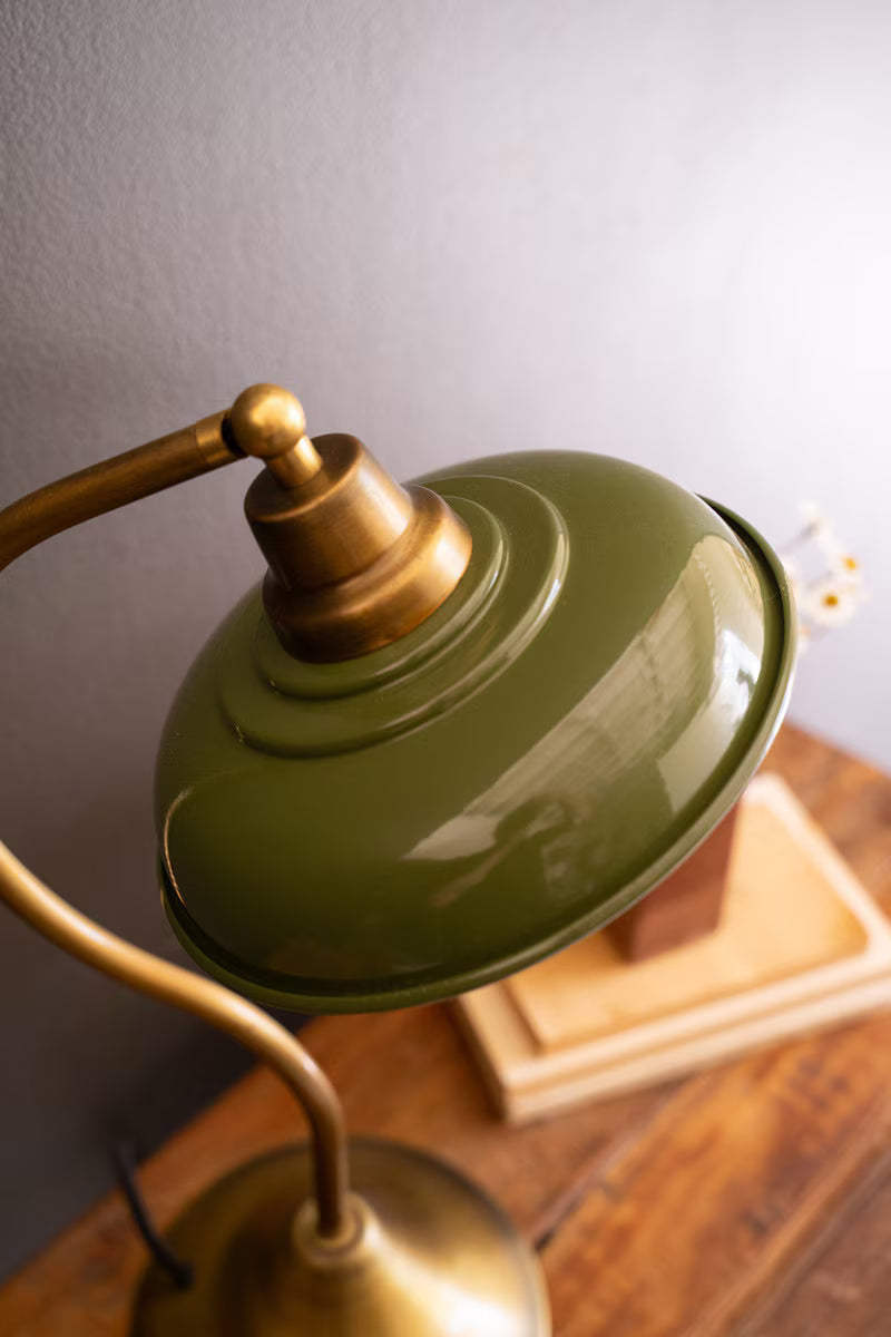 Antique Brass Table Lamp w/ Green Enamel Shade