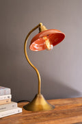 Antique Brass Table Lamp w/Orange Enamel Shad