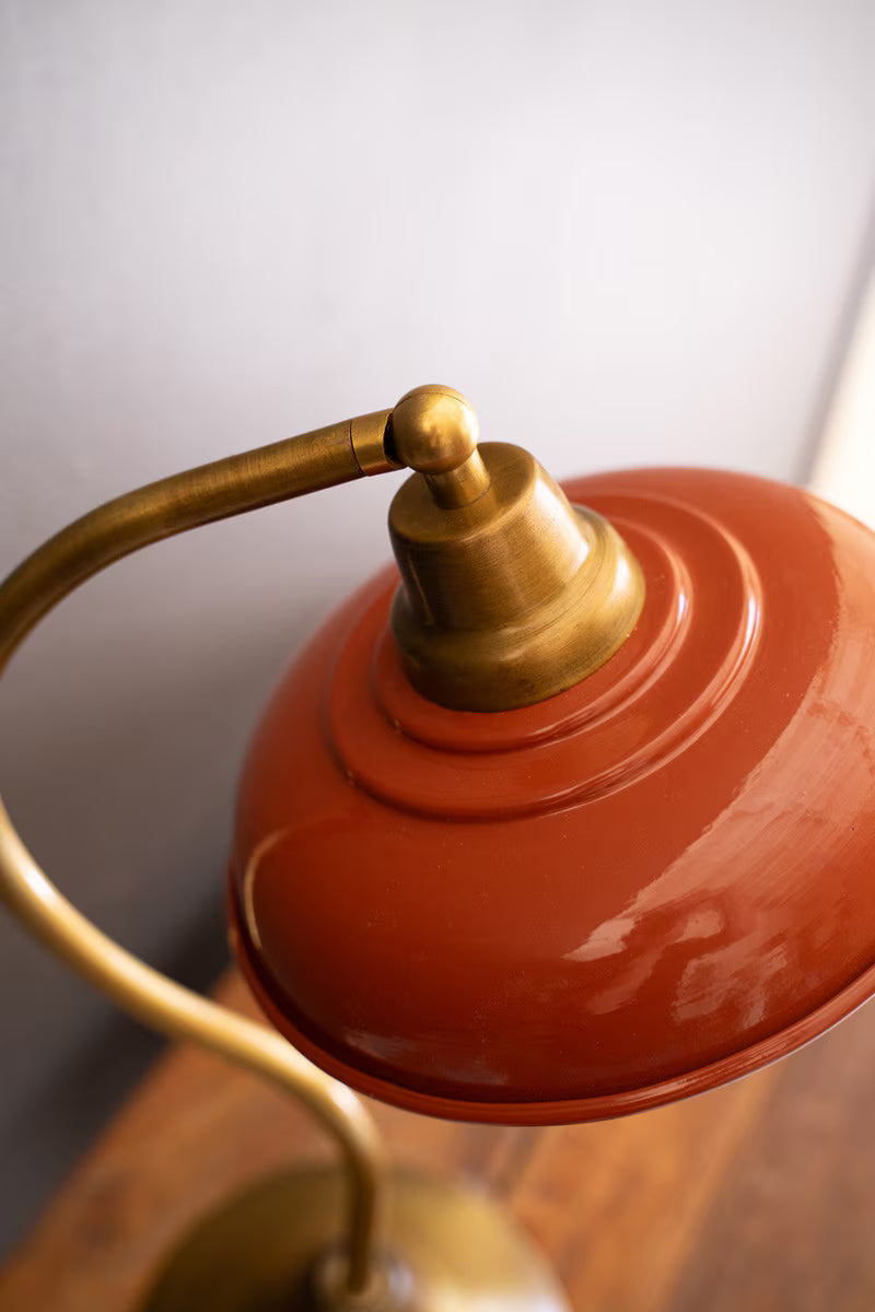 Antique Brass Table Lamp w/Orange Enamel Shad