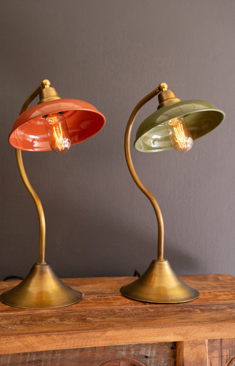 Antique Brass Table Lamp w/Orange Enamel Shad