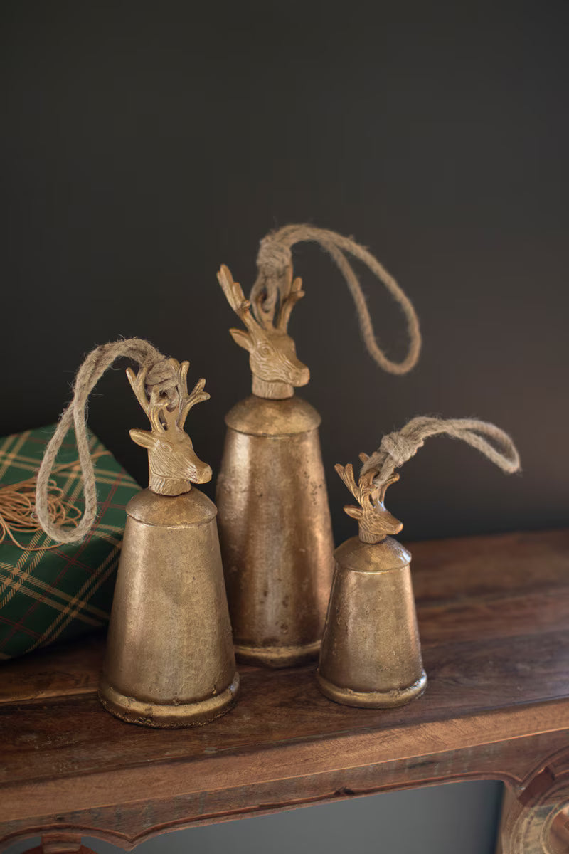 Antique Gold Metal Christmas Bells w/Deer Finials (2 Sizes)
