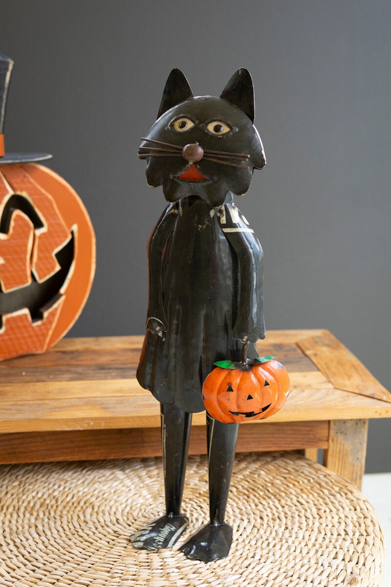 Recycled Iron Standing Black Halloween Cat w/ Pumpkin