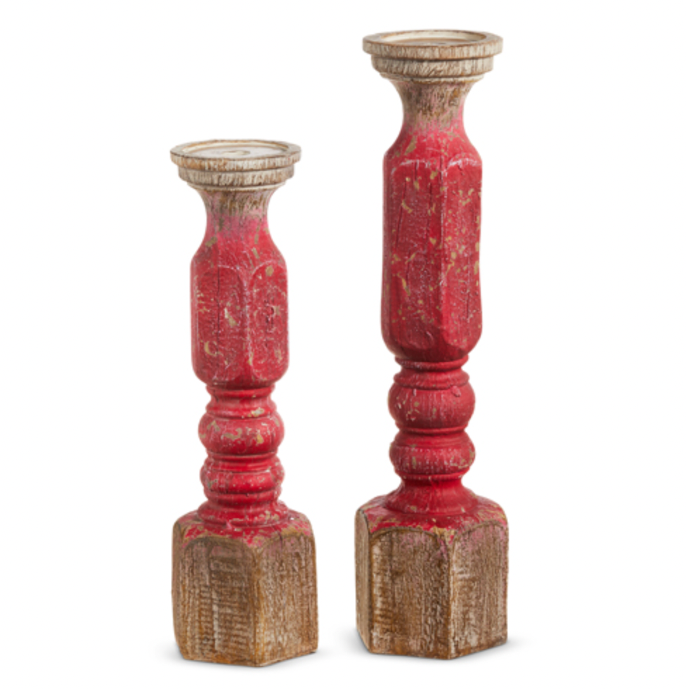 Red Wood Embossed Candle Holders