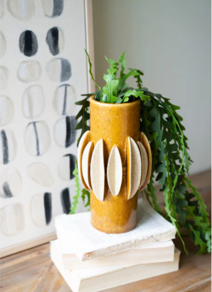 Feathered Ceramic Vessel Vase - Mustard