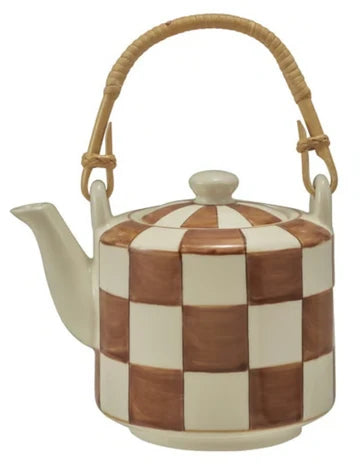 Hazel Mazel - Stoneware Teapot w/ Checked Pattern & Bamboo Handle
