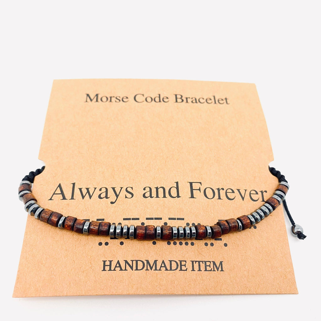 Multi-style Hand-woven Wood Bead Morse Code Bracelet