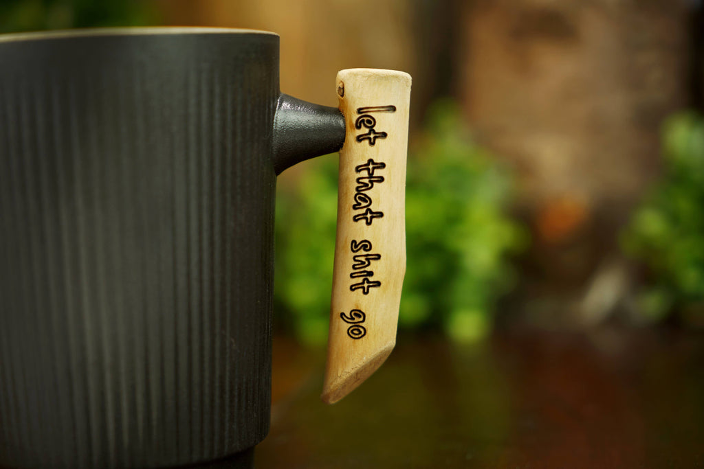 Ribbed Ceramic Charcoal Gray Mug with Wooden Handle