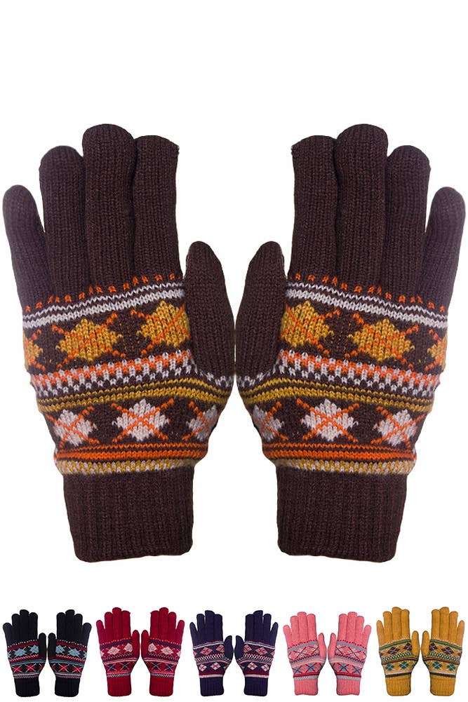 Hana - Assorted Geometric Pattern Fur Lining Knitted Gloves