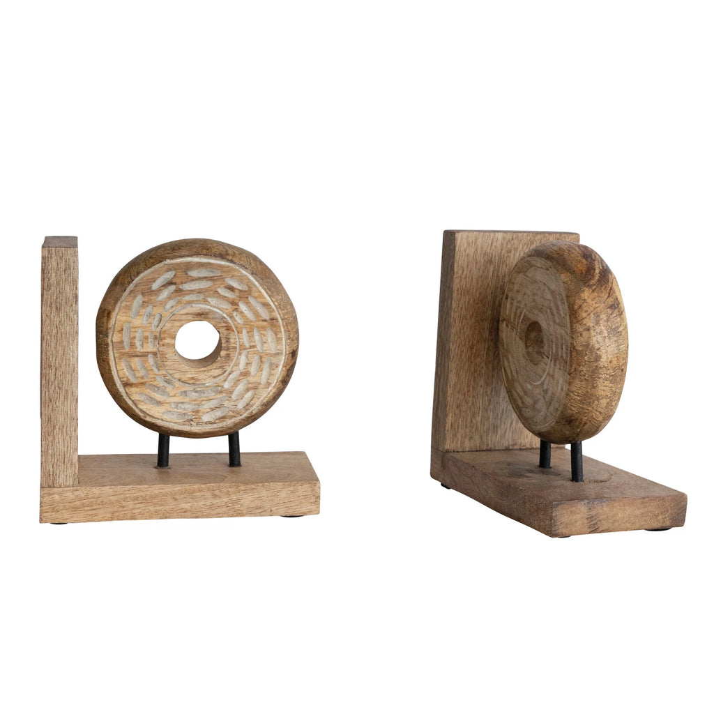 Creative Co-Op - Bloomingville - Hand-Carved Mango Wood & Metal Bookends Set