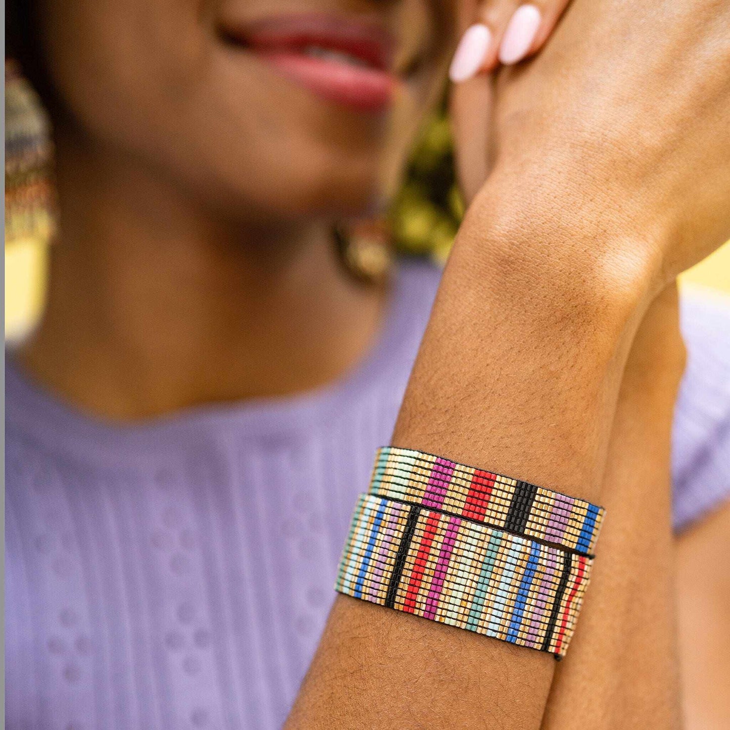 Ink + Alloy Alex Vertical Lines Beaded Stretch Bracelet Gold Multicolor