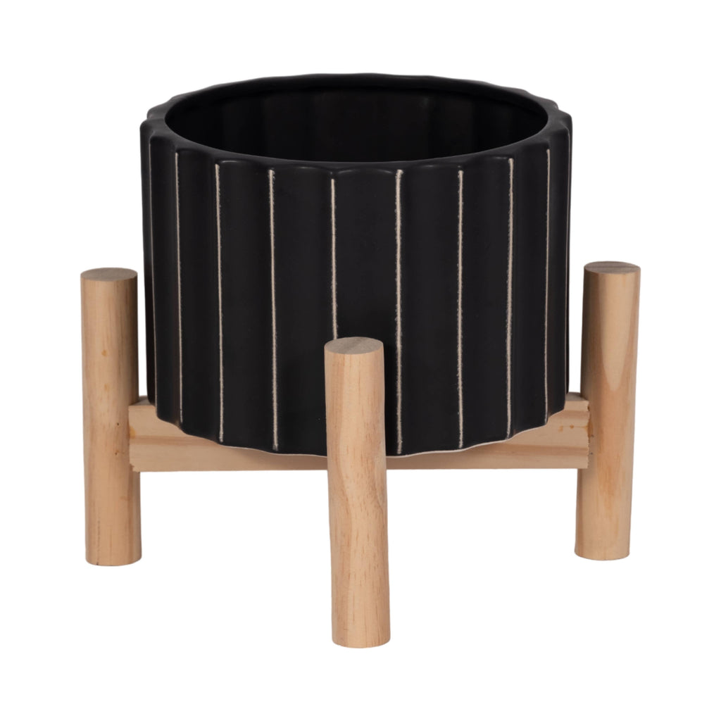 Sagebrook Home - Ceramic Striped Planter Pot with Wood Stand