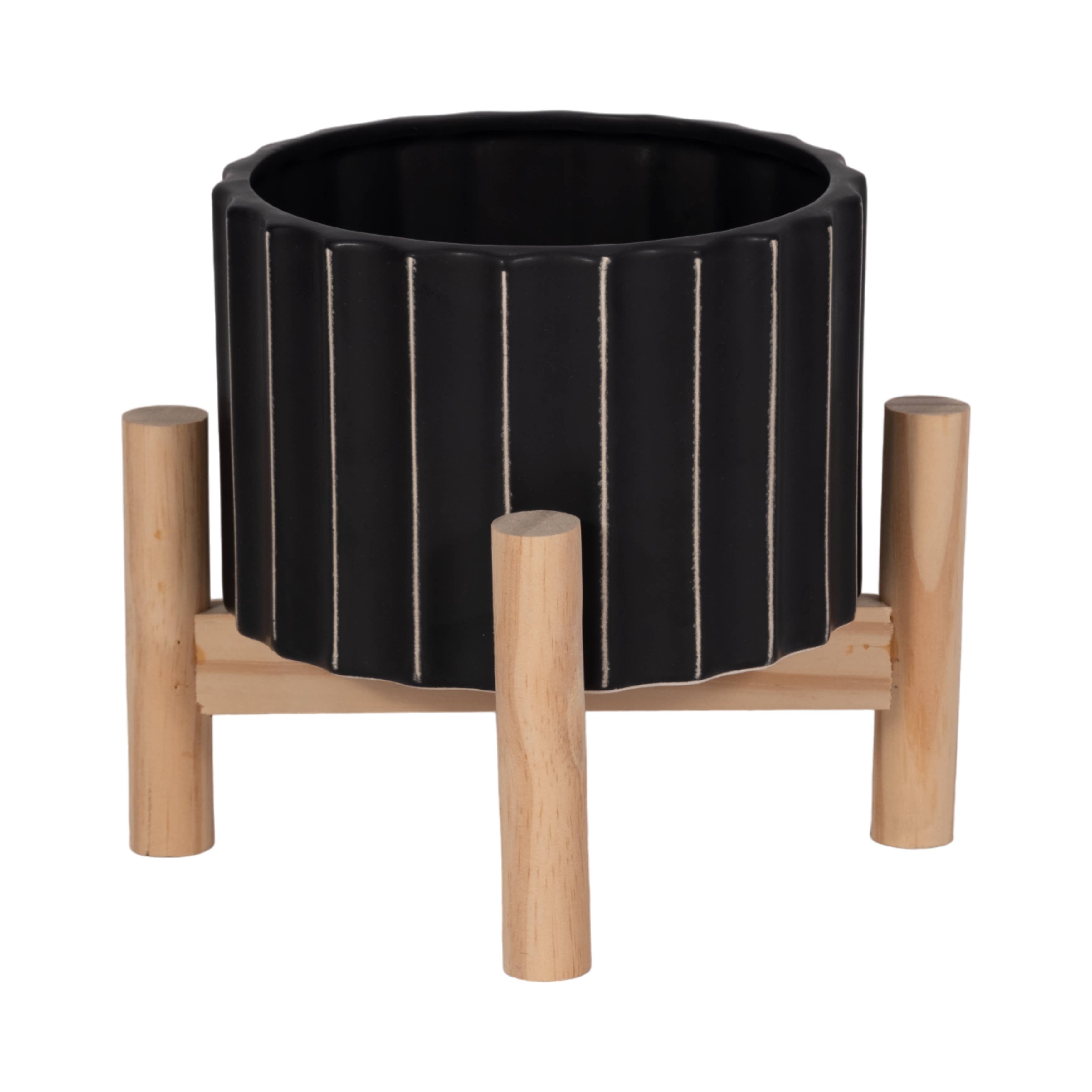 Sagebrook Home - Ceramic Striped Planter Pot with Wood Stand