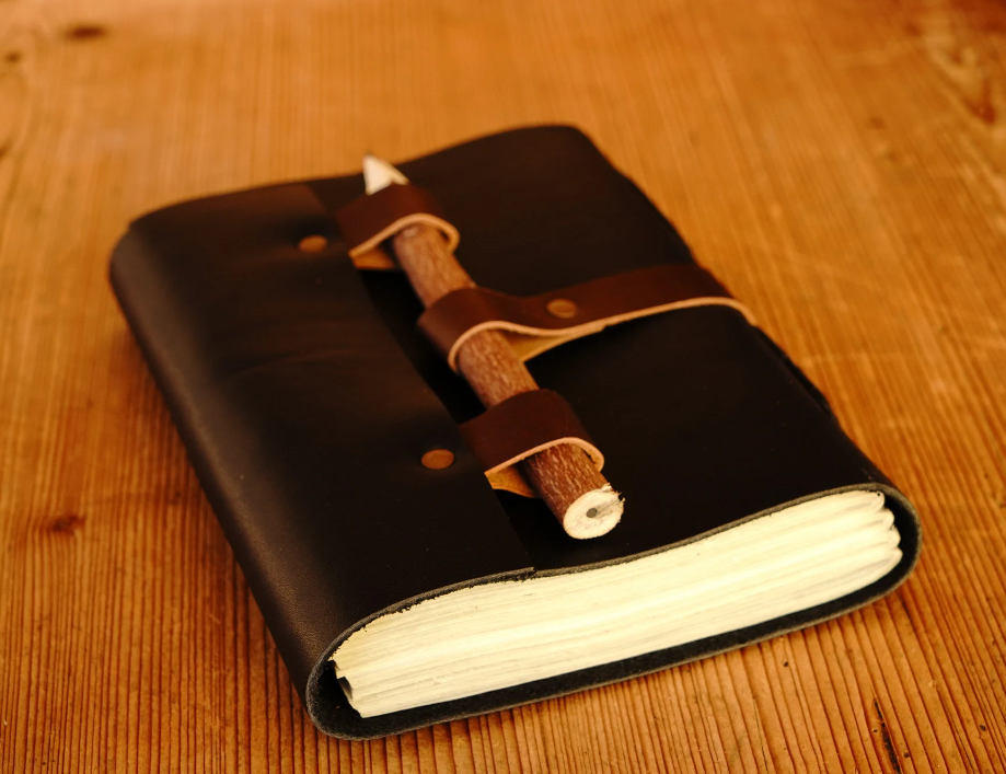 Black Leather 100-Page Paper Journal with Wooden Pen