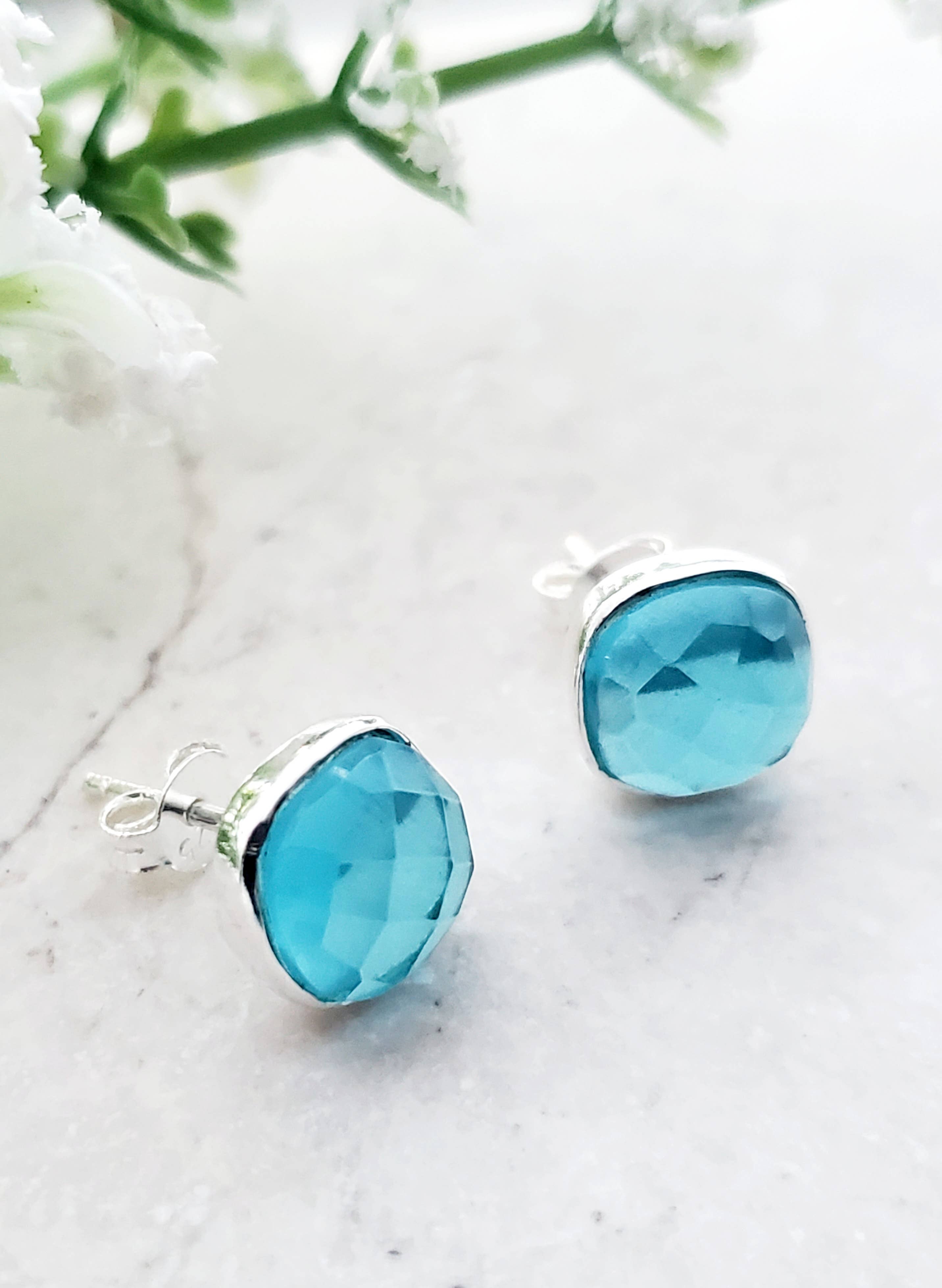 Sosie Designs - 925 Sterling Silver Cushion Studs - Blue Topaz Quartz