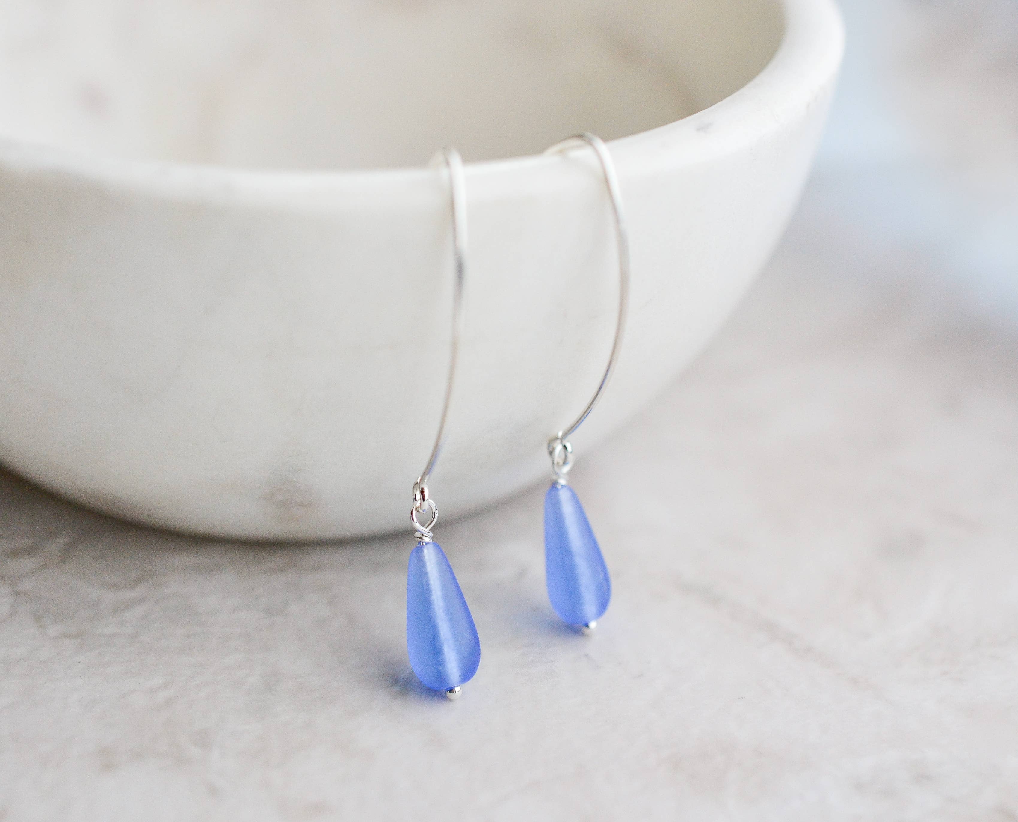 Sosie Designs - Eco Sea Glass Marquis Droplet 925 Silver Earrings - Sapphire Blue